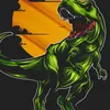 A stylized illustration of a green Tyrannosaurus Rex dinosaur roaring, with a large orange sun or moon behind it. Náhľad obrázku produktu