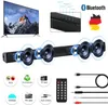 A collage of images showcasing a soundbar, its features, and accessories, along with a TV and a German flag. Produktbild-Vorschau