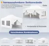A collage of images showing a white pop-up tent with different configurations of side walls, and text describing its features. Voir les images du produit