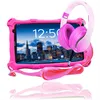 A pink tablet with headphones on top, displayed against a white background. Produktbild-Vorschau