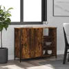 A wooden sideboard with two doors and open shelving is placed in a room with a window and a brick wall. Podgląd zdjęcia produktu