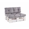 A grey pallet sofa cushion set on a white wooden pallet base, isolated on a white background. Produktbild-Vorschau