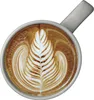 A top-down view of a latte with intricate foam art in a white cup with a gray handle. Náhled obrázku produktu