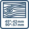 A graphic showing a wood grain pattern and specifications for cutting angles and measurements. Produktbild-Vorschau