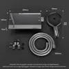 A flat lay of a shower fixture set, including a main unit, a handheld showerhead, a hose, and various small parts, with dimensions indicated by lines and text. Produktbild-Vorschau