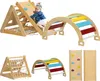 A collage of images showing a child playing on a wooden climbing structure and various components of the structure. Produktbild-Vorschau