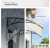 A split image showing a product's features. The left side depicts rain and a 'no sound' symbol, indicating weather resistance and quiet operation. The right side shows the product under sunlight with icons for UV resistance and temperature tolerance. Náhled obrázku produktu