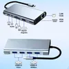 A USB C hub and docking station with various ports, shown from two different angles with labels indicating its features. Produktbild-Vorschau