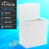 A white chest freezer with its lid open, displayed against a bright blue background with some ice cubes in the foreground. A panel on the left lists product features. Produktbild-Vorschau