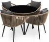 A round dining table set with four chairs, all made of woven material and black metal legs, with gray cushions and pillows. Náhled obrázku produktu