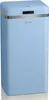 A light blue retro-style trash can with a silver trim and a black sensor panel on a white background. Voir les images du produit