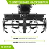 A close-up, front view of a tiller attachment for a machine, with text overlays indicating its adjustable working widths and brand logo at the bottom. Produktbild-Vorschau