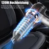 A close-up of a cordless handheld vacuum cleaner being used on a car seat, with a visual representation of its power and suction. Produktbild-Vorschau