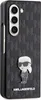 A black Karl Lagerfeld phone case for a Samsung Galaxy Z Fold 5, featuring the brand's monogram pattern and a cartoonish depiction of Karl Lagerfeld. Anteprima dell’immagine prodotto
