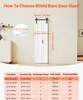A diagram showing how to choose the size of a bifold barn door, with a table of product specifications. Voir les images du produit