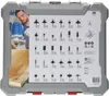 A Bosch router bit set case with a picture of a man using a router and a diagram of the bits. Podgląd zdjęcia produktu