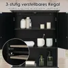 Interior of a black bathroom cabinet with shelves and various toiletries. Podgląd zdjęcia produktu