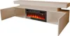 A modern, white TV stand with an integrated electric fireplace is shown against a white background. The left cabinet door is open, revealing the interior. Náhľad obrázku produktu