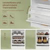 A collage of images showcasing a white shoe cabinet with adjustable dividers and various shoes. Produktbild-Vorschau