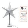 A white star-shaped lamp with gold star cutouts, mounted on a white base with a power cord. Information icons are displayed to the right. Produktbild-Vorschau
