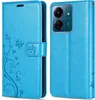 A blue flip wallet phone case with a floral and butterfly design is shown. Produktbild-Vorschau