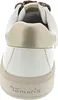 The back view of a white sneaker with beige and gold accents. Voir les images du produit