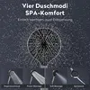 A showerhead with multiple spray patterns shown in a dark, water-filled environment, with smaller inset images showing different spray modes. Produktbild-Vorschau