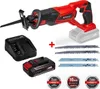 A collage of a cordless reciprocating saw kit, including the saw, battery, charger, and multiple saw blades. Produktbild-Vorschau