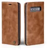 A brown leather flip case for a Samsung Galaxy S10 phone, shown from two angles. Produktbild-Vorschau
