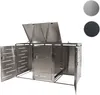 A stainless steel trash can enclosure with multiple compartments and doors, shown with doors and lids open. Anteprima dell’immagine prodotto