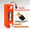 An orange battery pack with wires and connectors, accompanied by marketing text highlighting its features. Náhled obrázku produktu