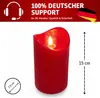 A red LED candle with a flame is shown against a white background, with text and dimensions indicating product features and support. Produktbild-Vorschau
