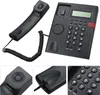 A black corded telephone and its handset are displayed against a white background, with close-up shots of the handset and keypad. Produktbild-Vorschau