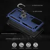 An exploded view of a blue and black phone case with labels pointing out its features. Produktbild-Vorschau