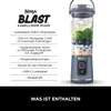 A product shot of a portable blender with a list of its features and contents. Podgląd zdjęcia produktu