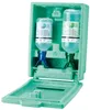 A green plastic eye wash station with two bottles of solution inside, shown with the lid open. Voir les images du produit