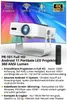 A projector and its remote control are displayed against a colorful, abstract background, with feature callouts. Produktbild-Vorschau