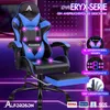 A blue and black gaming chair with various features highlighted by purple circles and text overlays. Produktbild-Vorschau