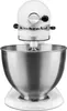 A white KitchenAid stand mixer with a silver bowl is shown from the front on a white background. Produktbild-Vorschau
