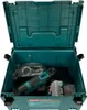 An open teal toolbox containing a teal and black power tool and accessories. Produktbild-Vorschau