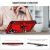 A person's hands are holding a red smartphone case with a ring stand on a table, with a white mug in the background. Below are two smaller images showing the case from different angles and highlighting its features. Produktbild-Vorschau