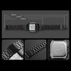 A collage of images showing a black digital watch with a metal band, including close-ups of the band and the watch face, and a diagram showing measurements. Produktbild-Vorschau