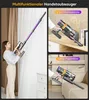 A collage of images showing a woman using a cordless vacuum cleaner and close-ups of its attachments. Produktbild-Vorschau