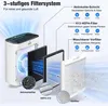 An exploded view of an air purifier showing its multi-stage filtration system with labels and descriptions of each filter layer. Produktbild-Vorschau