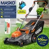 A MASKO electric lawnmower is shown on a grassy lawn, with promotional text and icons highlighting its features. Produktbild-Vorschau