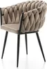 A single beige upholstered chair with black metal legs, shown from a three-quarter side view. Podgląd zdjęcia produktu