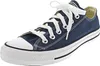 A single navy blue Converse All Star low-top sneaker with white laces and a white rubber toe cap and sole, shown from a slightly angled side view against a white background. Produktbild-Vorschau
