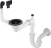 A white plastic sink siphon with black and blue accents against a white background. Produktbild-Vorschau