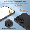 A black phone case is shown with callouts highlighting its camera and screen protection features. Produktbild-Vorschau