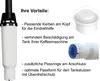 A water filter cartridge and its components are shown with descriptive text highlighting its benefits. Produktbild-Vorschau